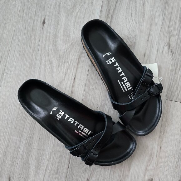 Tatami by Birkenstock | black leather neutral minimalist slide sandals | WMS 7 - Picture 1 of 9